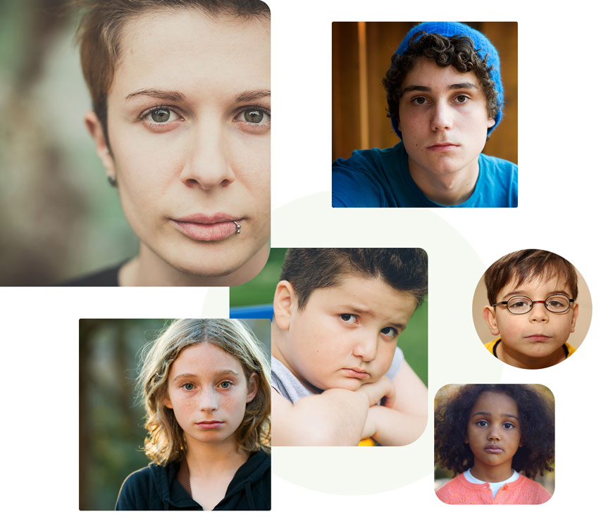 SUCHt-&WENDEPUNKT Startseite Header-Collage aus Gesichtern von Kindern und Jugendlichen